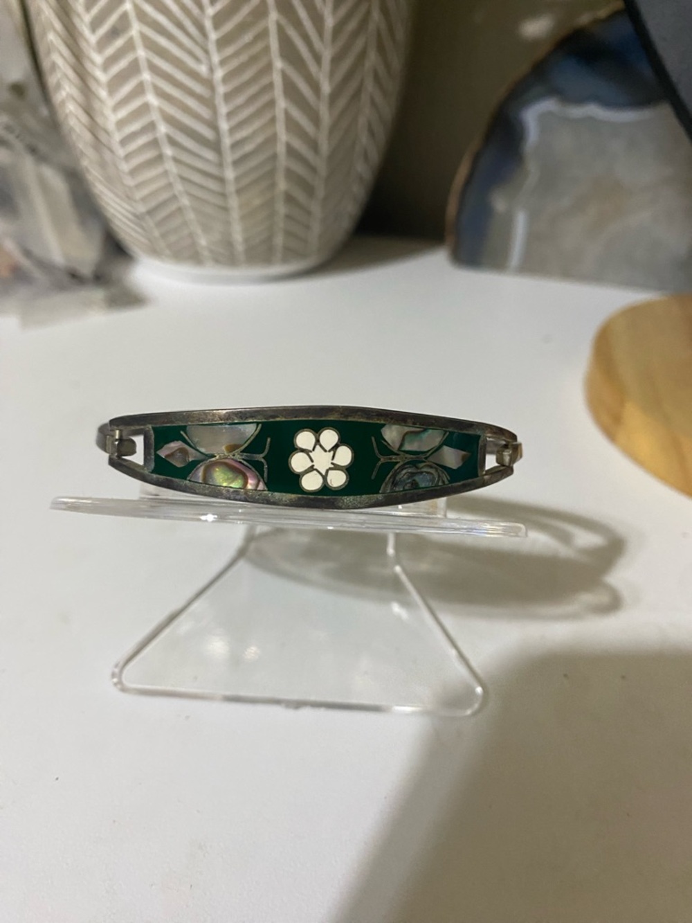 Vintage sterling silver Green abalone Floral Inlay Women's Bracelet